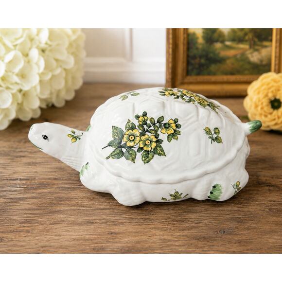 Other - Vintage Ceramic Turtle Covered Dish-Hand Painted Floral Trinket Box Cottage core